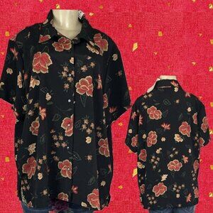 Claudia Richard +22W Black Floral Button Down Front Collar Short Sleeve Blouse